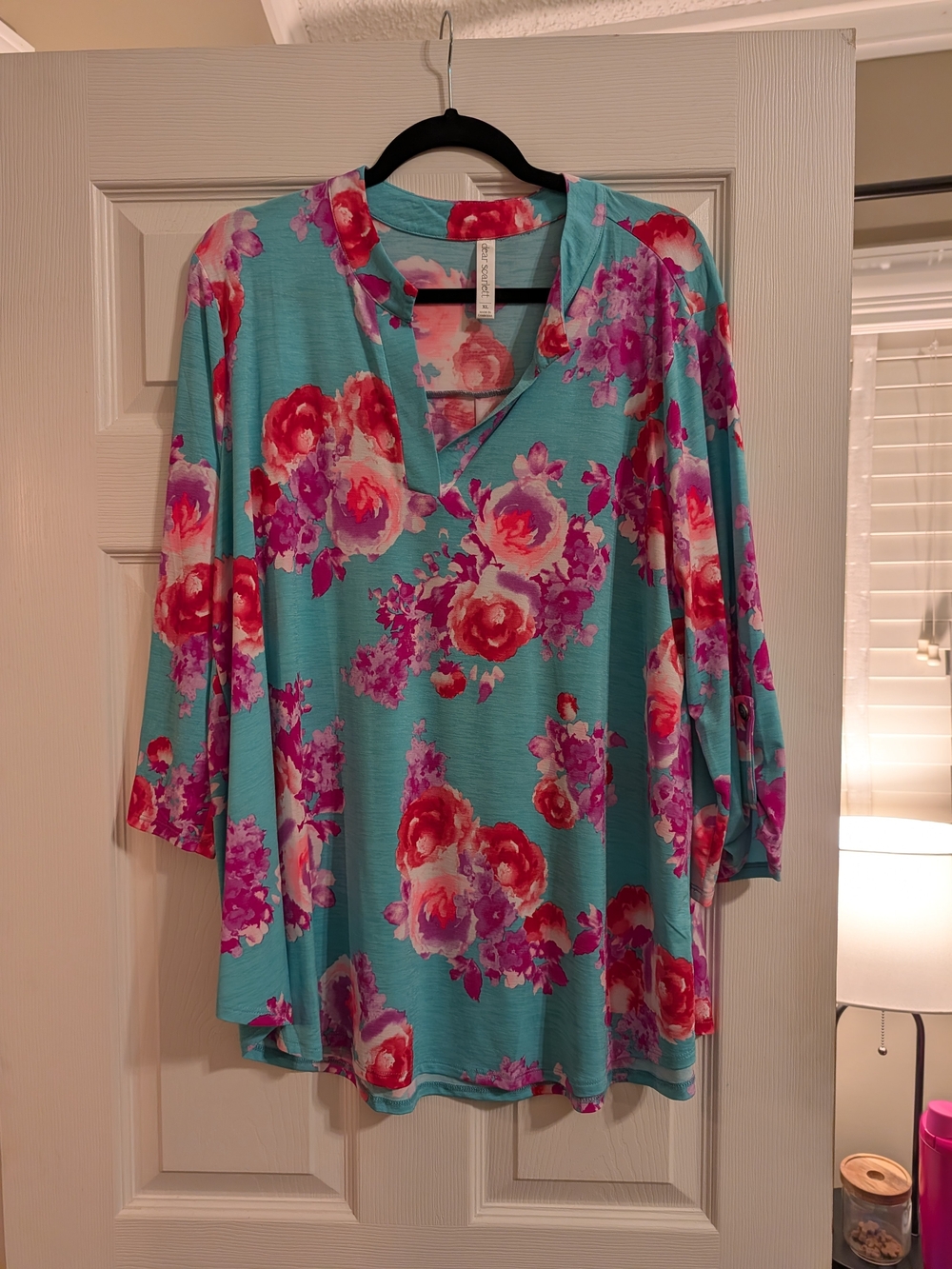 Dear Scarlett Aqua Floral V-Neck Tunic with Pink & Red Blooms